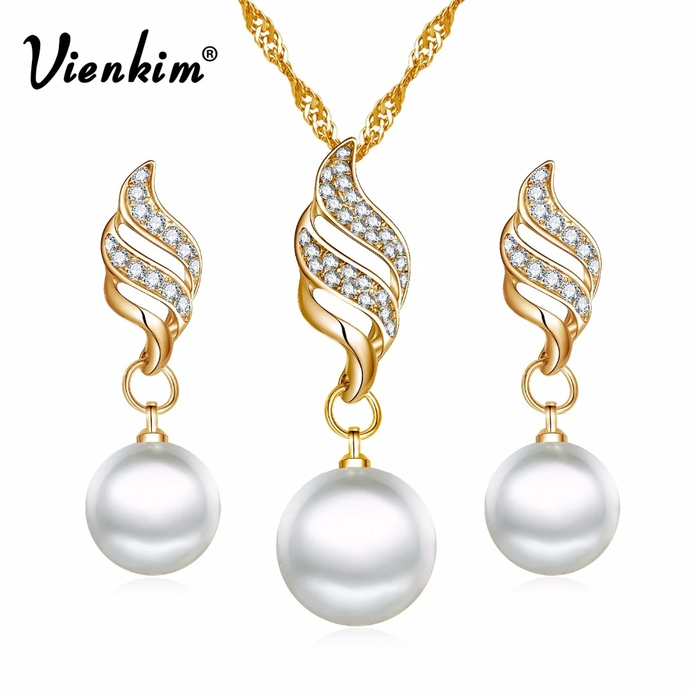 

Vienkim Fashion Women Necklace Earrings Jewelry Sets Crystal Gold Color Big Simulated Pearl Wedding Party Jewelry Sets For Women