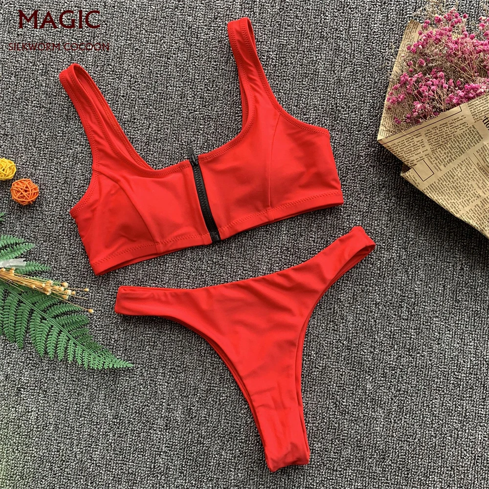 

Sexy Chest zipper Bikini Set Solid Swimwear Brazilian Bikinis Thong Beach Wear Woman two piece Swimsuit Bathing Suit biquini New