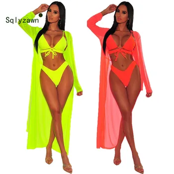 

2019 Women Summer Fluorescence Color X-long Cloack + Bow Bra Top + Panties Three Piece Set Beach Swimwear Sexy Beachwear Outfit