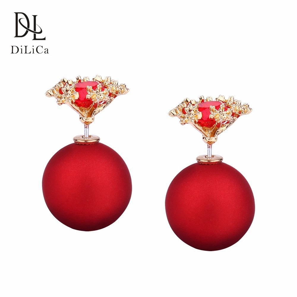 DiLiCa Women Rhinestone Piercing Earrings Red Crystal Geometric Ball Earring Jewelry Party