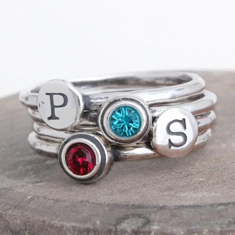 

Stacking Initial and Stack Birthstone Rings in Sterling Silver Set of 4 Silver Stackable Mothers Rings Personalized Gift for Mom