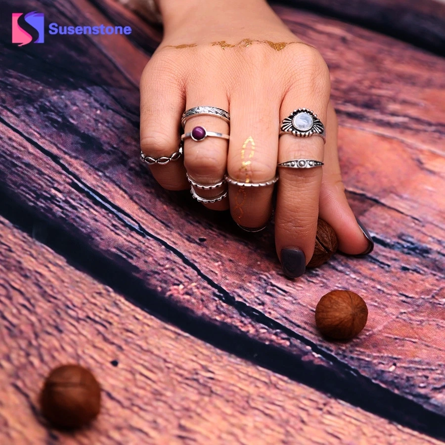 

susenstone 8pcs/Set New Bohemian Vintage Punk Boho Rings For Women Beach Unique knuckle Ring Set Fashion Rings Accessories 2017