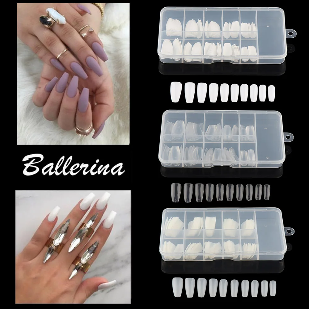 

100/600Pcs Ballerina Nail Art Tips Transparent/Natural False Coffin Nails Art Tips Flat Shape Full Cover Manicure Fake Nail Tips