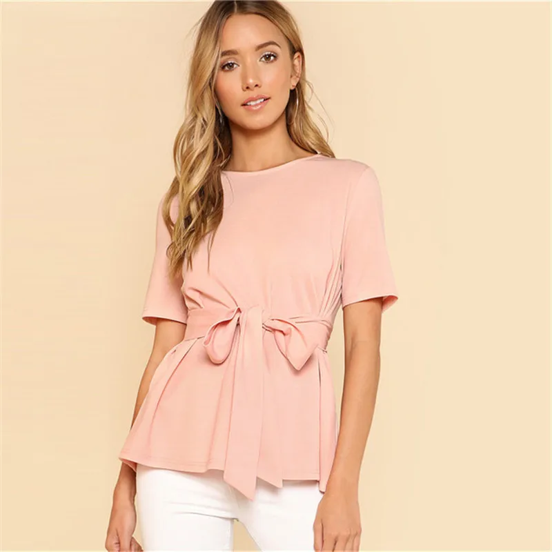 

Oufisun For Women Summer Solid T-shirt Basic Casual Short Sleeve O-neck Bow Belt Tops Tee Fashion Elegant Ruffles Female T Shirt