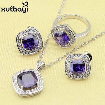 

West Style Square Created Purple Cubic Zirconia Silver Fashion Health Women Jewelry Sets Earrings Necklace Pendant Ring