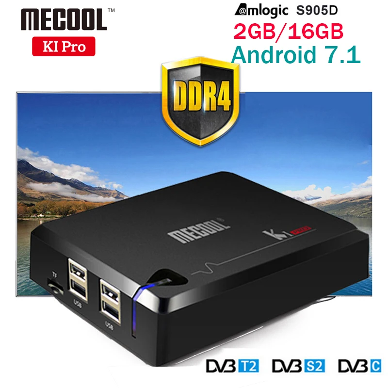 

MECOOL KI Pro Android 7.1 DVB S2+DVB T2/C TV Box Amlogic S905D Quad core DDR4 2GB 16GB 2.4G/5G WiFi H.265 HD UHD 4K Media Player