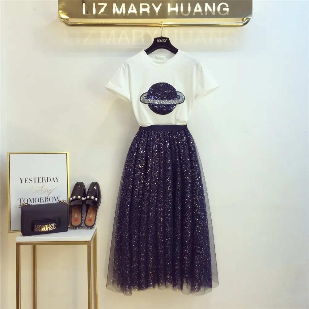 

Oshangchaopin Women Summer Casual T-Shirt Skirt 2-piece Set Luxury Sequins Planet Cotton T-Shirt+Elastic High Waist A-Line Skirt