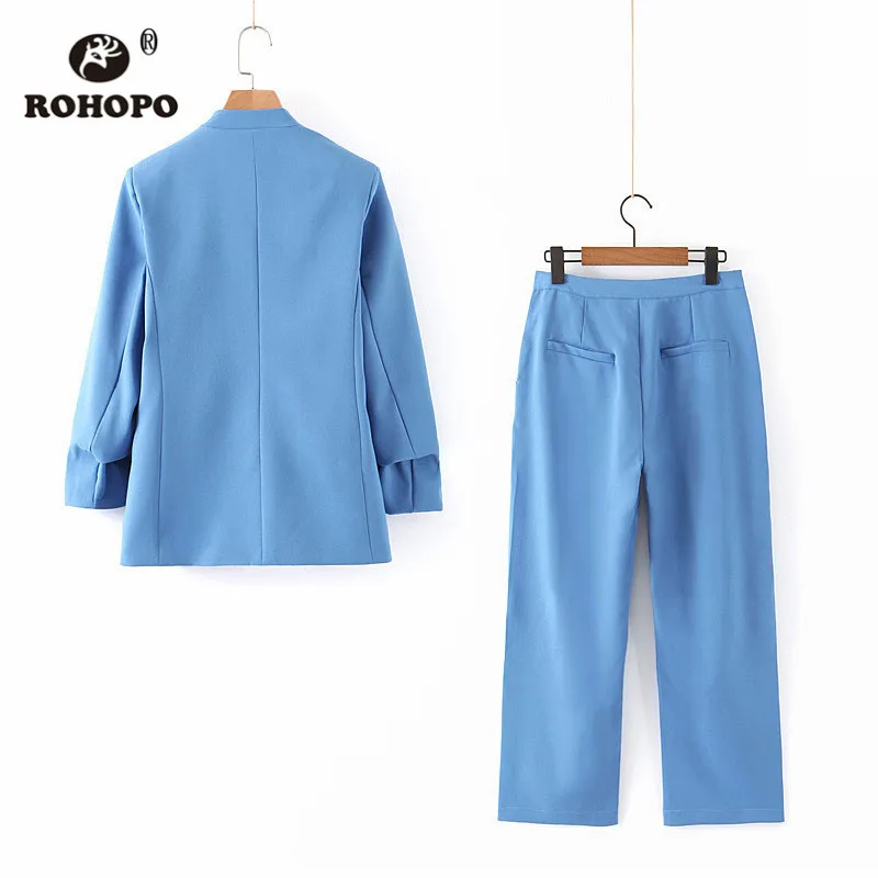 ROHOPO V Collar Draped Cuff Sleeve Women Blazer Sky Blue Office Girl Chic Solid Autumn Outwear EU size Woman Slim Blazer #BM2213