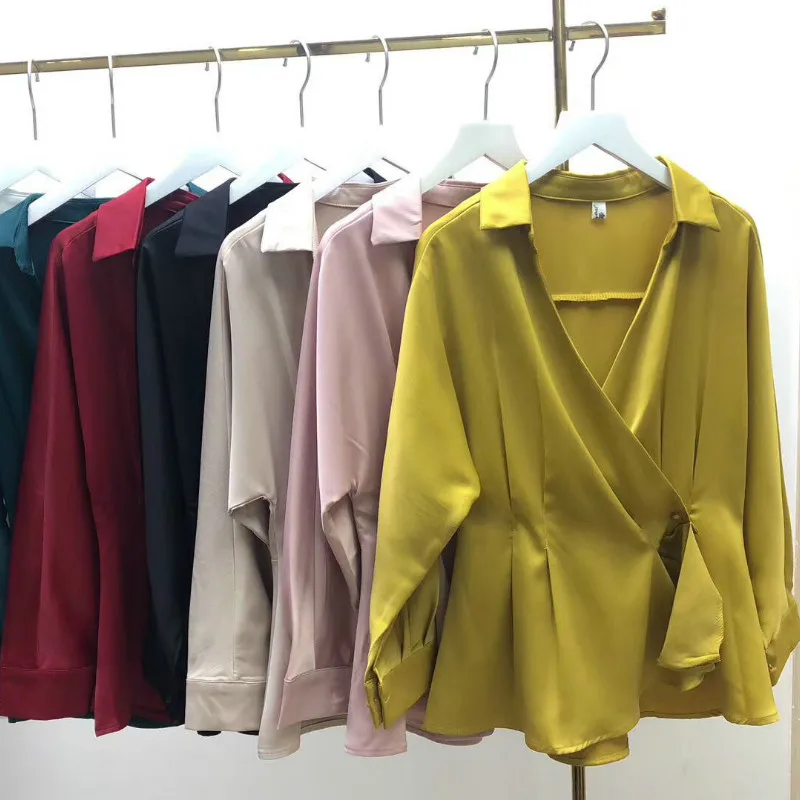 

Autumn Women Elegant Satin Shirts Lady V Neck Ruffles Satin Blouses Female Batwing Sleeve V Neck Ruffles Tops