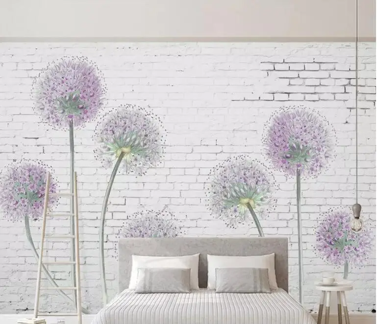 Beibehang на заказ обои домашний декор современные белые кирпичные стены Фиолетовый Одуванчик диван фон Настенные обои 3d behang