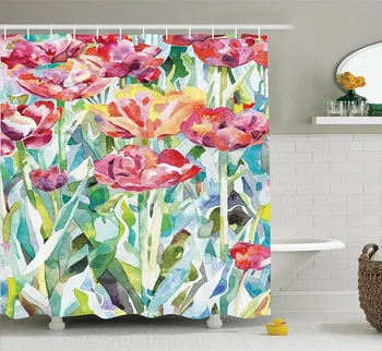 

Watercolor Poppy Flower Decor Shower Curtain Original Painting Of Summer Spring Flowers in Faded Colors Floral Seasonal Theme