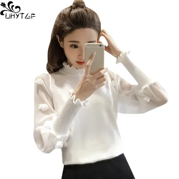 

UHYTGF Autumn Woman Knitting Sweater Plus size Harajuku splice Fake Two-piece sets Turtleneck White Sweater Female Clothes 373
