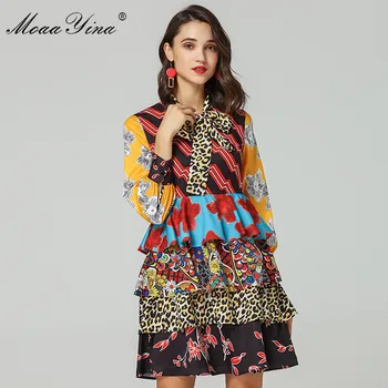 

MoaaYina Fashion Designer Runway Dress Spring Autumn Women Long sleeve Bow Collar Cascading Ruffle Floral Print Elegant Dress
