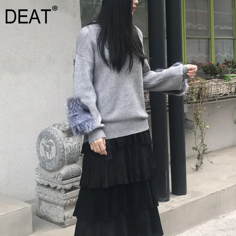 

DEAT 2019 NEW Spring Fashion Women Clothing Round Neck Lantern Sleeves Knitting Fur Patchwork Sleeves Pullover Sweater WD30901