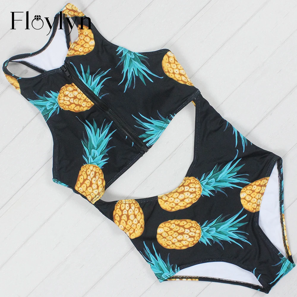

Floylyn Summer Sexy Black Pineapple One Piece Swimsuit Women Vintage High Waist Cut Out Swimwear Zipper Monokini Bathing Suit