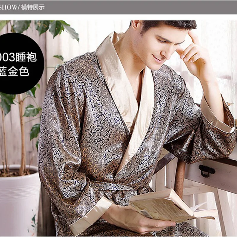 Kimono men Home Silk Bathrobe Soft cozy Long-sleeved Bath Gown Printed Geometric Robes V-neck Satin Sleepwear Nightgown