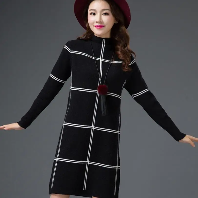 new turtleneck knee length plaid dress long patchwork sweater dresses