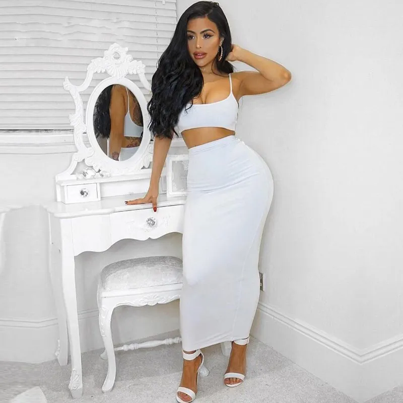 

Solid Spaghetti Straps Bodycon Two Piece Set Sexy Club Summer 2019 New Crop Top And Maxi Skirt Club Set