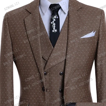 

2019 Men's Poika Dot Groom Suit 3 Pieces Brown Casual Business Prom Blazer Latest Coat Pant Design Men Suit For Wedding Tuxedo