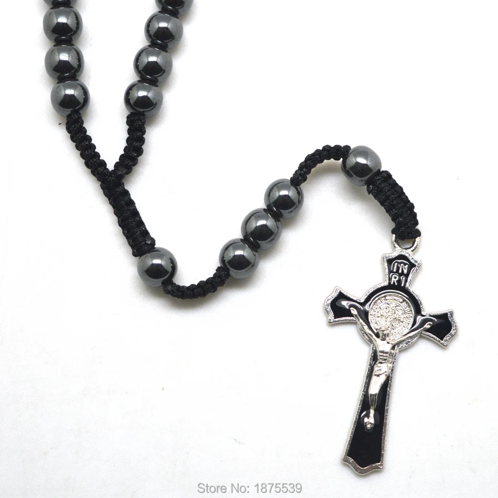 Мужские Плетеные четки из гематита St Benedict Cross черные и синие Бусины|rosary necklace|8