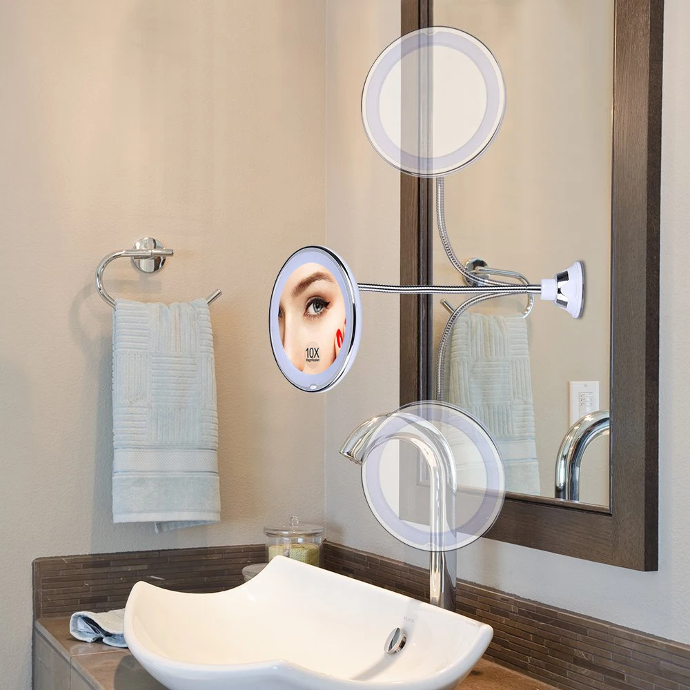 

Adjustable 10x Magnifying Bright LED Lighted 360 Swivel Makeup Mirror Flexible Gooseneck Wall Mounted Bathroom Mirror Led Night