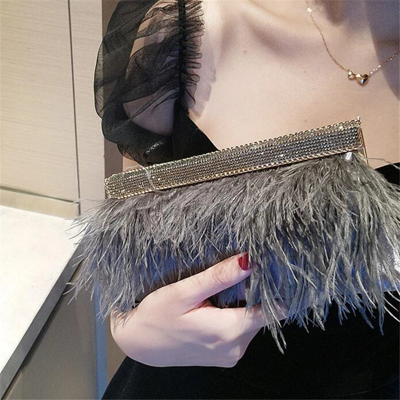 Luxury Real Ostrich Feathers Handbag Evening Bags Women's Pouch Purse Famous Brand dinner party Diamond Clutch bag For Ladies Luxury Real Ostrich Feathers Handbag Evening Bags Women's Pouch Purse Famous Brand dinner party Diamond Clutch bag For Ladies