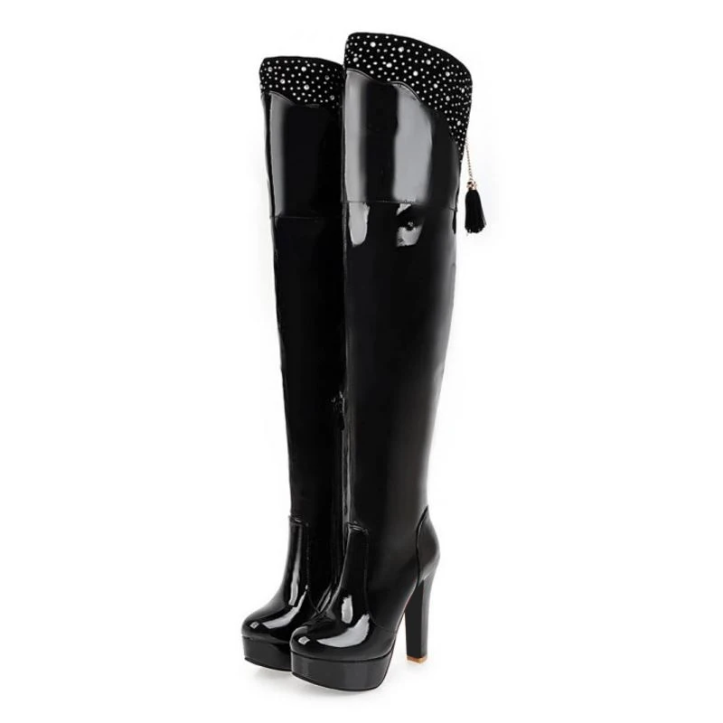 Q460 Largo Mujeres Chunky rojo Sobre Punta De Rodilla Con Botas Moda La Super Sjjh blanco Redonda Tamaño Negro Gran Plataforma Cristales xTndBwqBSE