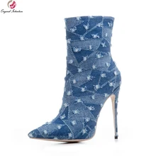Оригинальные стильные женские ботильоны; красивые ботинки с острым носком на тонком каблуке; темно-синий светильник; женская обувь; американские размеры 3-10,5