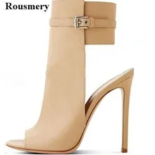 Весенние Новые Модные женские замшевые ботильоны с открытым носком и вырезами на высоком каблуке ботинки-гладиаторы с пряжкой сандалии