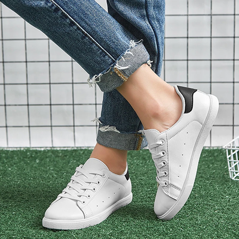 

Women Leather Casual Shoes Spring Autumn Women Flat Heel Shoes Ladies White Casual Lace-up Sneakers