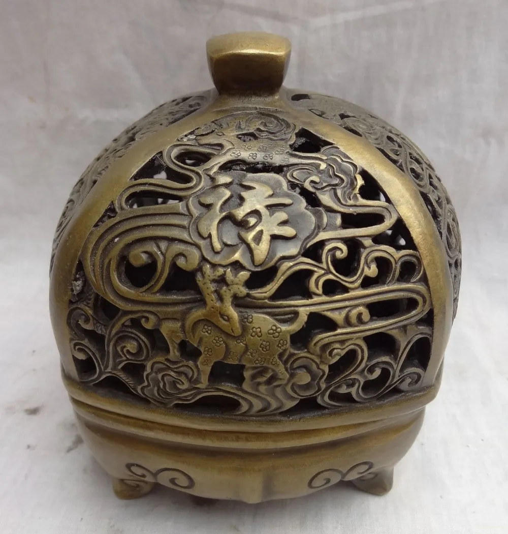 Chinese Bronze Fu Lu Shou Deer Crane Statue Buddhism Incense Burner Censer
