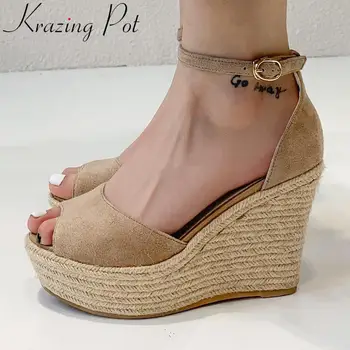 

Krazing Pot natural leather buckle strap retro modern girl shoes straw super high heels wedges platform runway model sandals L60