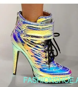 

2018 new fashion punk style colorful leather woman boots high quality gold silver black high heel boot singer lace-up ankle boot