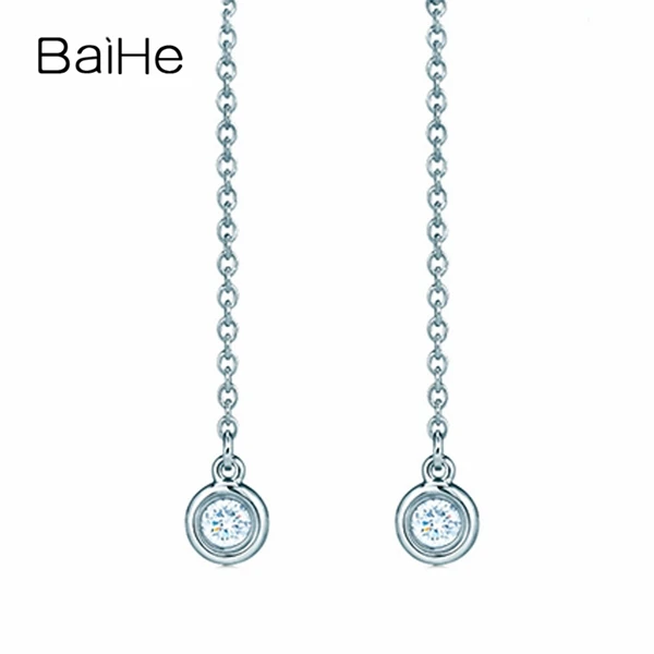 BAIHE Solid 18 К белого золота 0.10CT H/SI круглая из натуральной бриллиантами Обручение Мода Fine Jewelry Элегантный серьги-гвоздики