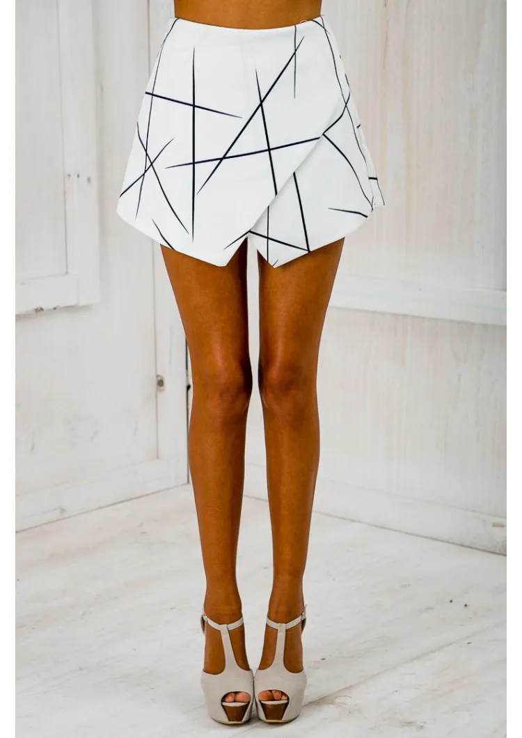 White Wrap Origami Asymmetrical Geometric Print Shorts