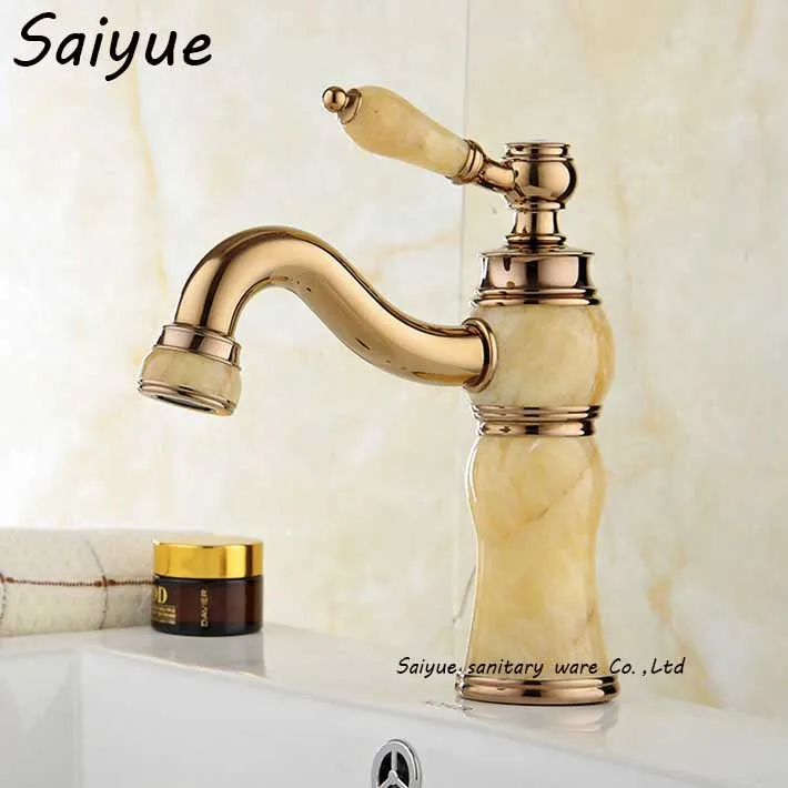 

Royal Yellow Ceramic Faucet Basin Hot and Cold Jade Taps Rose Gold Lavatory Bathroom Grifo Marble Stone Faucet