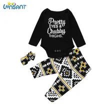 LONSANT-зима, для новорожденных, для мальчиков и девочек с надписью, комбинезон с длинными рукавами, топы+ брюки с геометрическим узором, комплект одежды