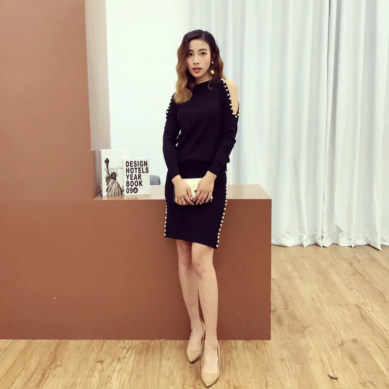 Женский костюм с юбкой Alphalmoda вязаный свитер открытыми плечами и длинными