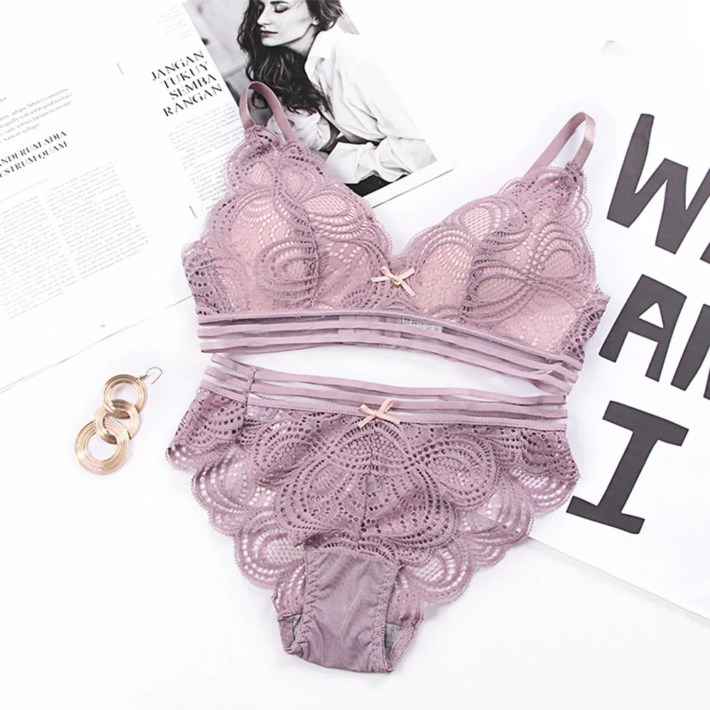 Women Lace Bra& Brief Sets Wireless Deep V Push Up Bralette Sexy Lingerie Brassiere Underwear Size 30 32 34 36 38 A B C Cup