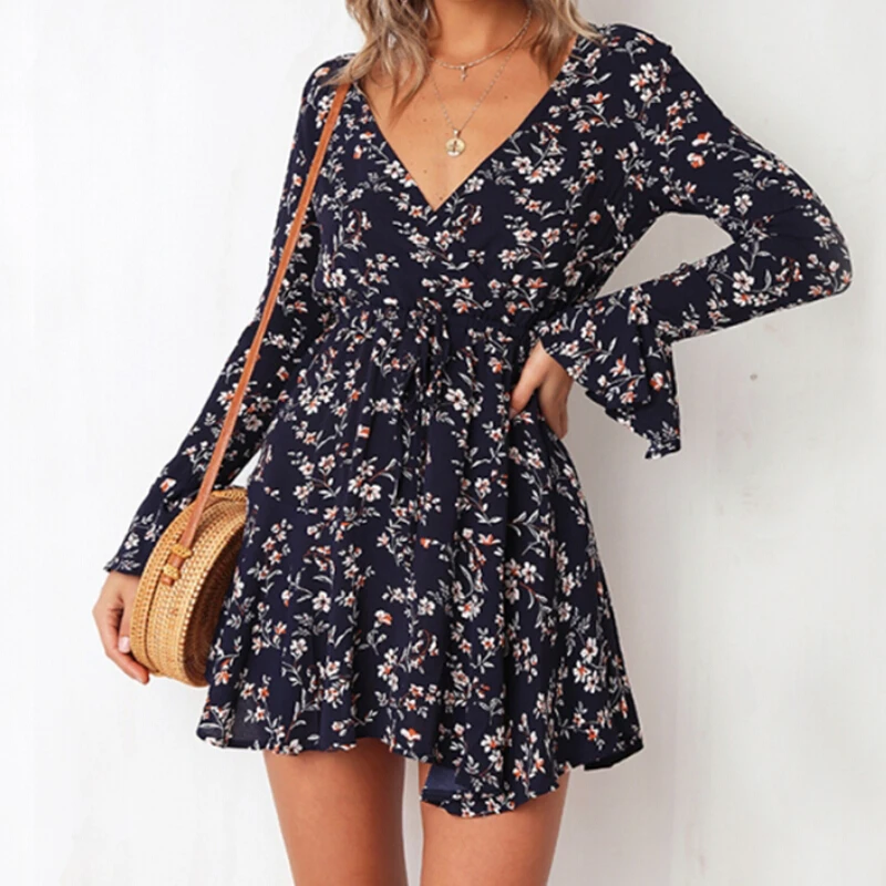 

Summer Print Dress 2018 Women Sexy Deep V-Neck Dresses Long Sleeve Bohemian Style Belt Short Mini Beach Dress