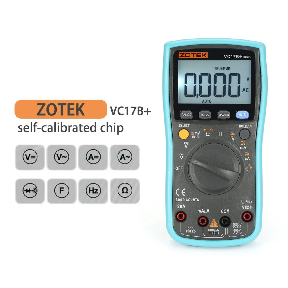

ZOTEK VC17B+ 6000 Counts True-RMS Digital Multimeter Auto Range AC/DC Voltage Current Meter Ohm Diode Voltmeter with Blacklight