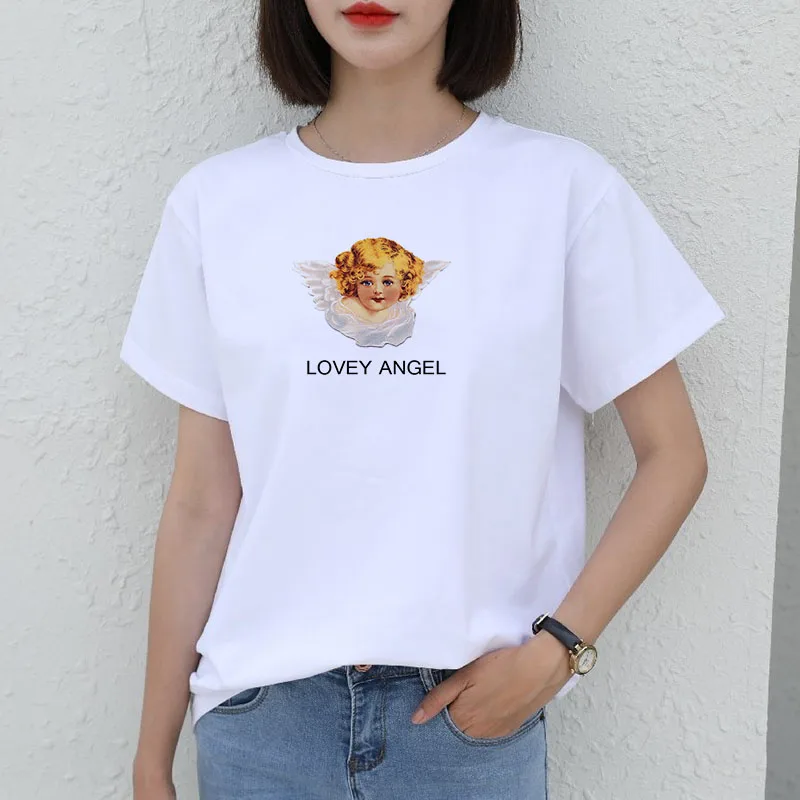 

Lovey angel tops Vintage Summer Angel Art tees Short Sleeve New Large Size Loose Cartoon Print Harajuku Letter Casual T-Shirt