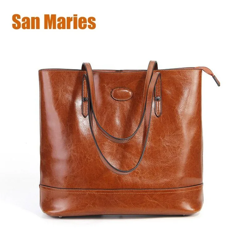 

San Maries Women Tote Bag Oil Wax Genuine Leather Casual Bags Big Capacity Woman Shoulder Bag New Large Ladies Shopping Bags