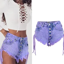 Летние женские винтажные фиолетовые джинсовые шорты с боковой повязкой и пуговицами, джинсовые шорты с кисточками