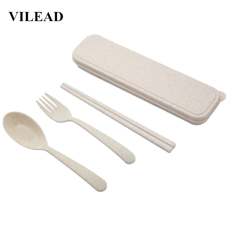 

VILEAD Wheat Straw Outdoor Tableware Set Children Chopsticks Fork Spoon Three-piece Suit Kids Portable Environmental Tableware