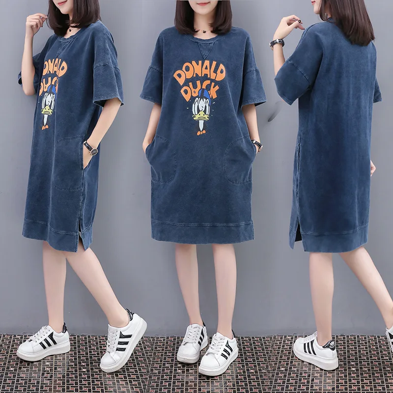 

New Summer Style Women Dresses Plus Size Fashion Casual Loose O-Neck Letter Print Jeans Dress For Women Larger Denim One-Piece