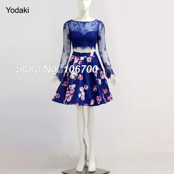 

Fabulous 2 Pieces Lace with Rhinestone Print Homecoming Dresses Long Sleeves Boat Neck Backless Pleat Ruched Short Prom Gowns