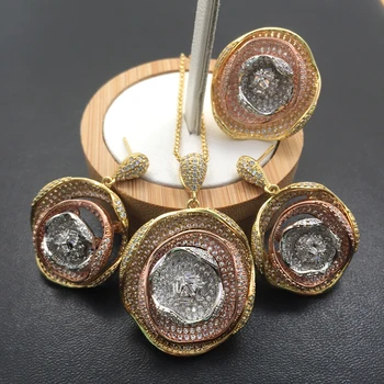 

Lanyika Jewelry Set Luxury Abstract Rose Round Necklace with Earrings and Ring Cubic Zircon Micro Paved for Party Bridal Gift