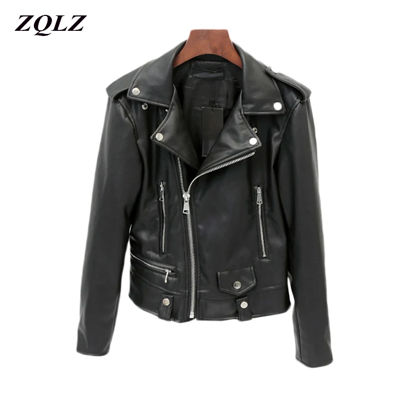 

Zqlz Women Leather Jacket Female Coat 2018 Spring Autumn Turn-down Collar Zipper Long Sleeve Faux Pu Motorcycle Jacket Woman