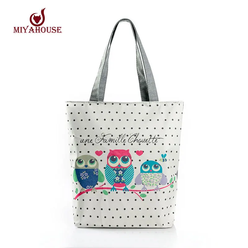Cartoon Owl Print Casual Tote Lady Canvas Beach Bag Female Handbag Large Capacity Daily Use  Women Single Shoulder Shopping Bags